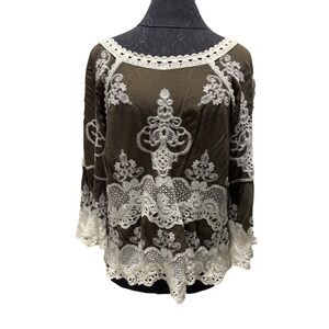 Democracy Olive Brown Boho Lace Embroidered Split Bell Sleeve Peasant Top M